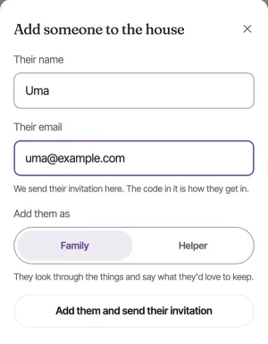 Add someone to the house: Their name Uma, Their email uma@example.com, Add them as Family or Helper, and Add them and send their invitation ringed.