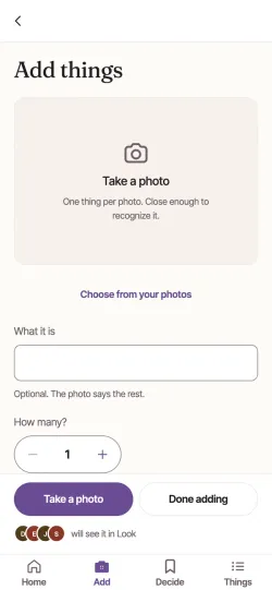 Add things, before a photo: a large Take a photo frame, Choose from your photos, and at the bottom Take a photo and Add ringed.