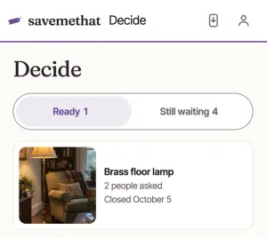 Decide: Ready 1 and Still waiting 4 at the top, and the Brass floor lamp (2 people asked, Closed October 5).