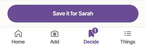 The bottom of the screen: the button to save it for Sarah, ringed, above the tabs.
