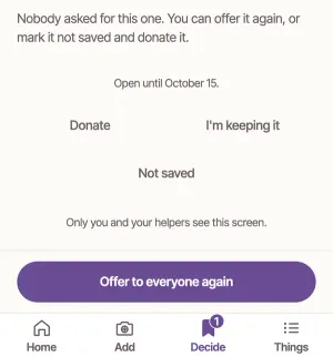 Nobody asked for this one. You can offer it again, or mark it not saved and donate it. Donate, I'm keeping it and Not saved, and Offer to everyone again ringed.