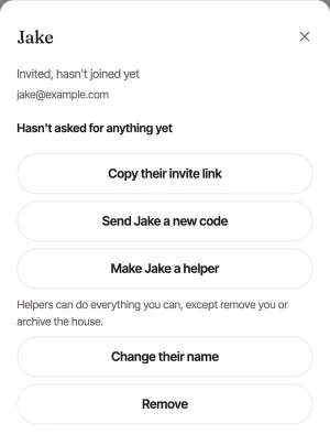 Jake's page: Invited, hasn't joined yet, with Copy their invite link, a button to send Jake a new code, one to make Jake a helper, Change their name and Remove.