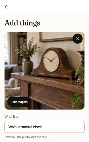 A photo of a walnut mantel clock, with Take it again ringed on it, and Walnut mantel clock typed under What it is.