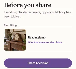 Before you share: Rae, 1 thing, the Reading lamp with Give it to someone else, and Share 1 decision ringed.
