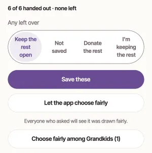 Sharing out the dining chairs: 6 of 6 handed out, none left, Any left over (Keep the rest open, Not saved, Donate the rest, I'm keeping the rest), Save these ringed, then Let the app choose fairly and Choose fairly among Grandkids (1).