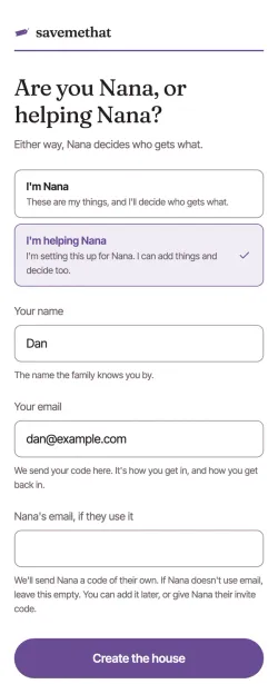 Are you Nana, or helping Nana? The answer for helping Nana is chosen and ringed, with Your name Dan, Your email, and Nana's email, if they use it, ringed and left empty.