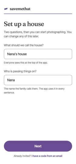 Set up a house: Nana's house typed as the house's name, Nana as who is passing things on, and the Next button ringed at the bottom.