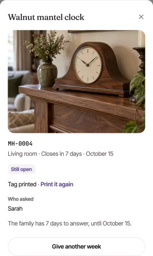 The Walnut mantel clock opened from Things: its photo, Living room, closes in 7 days, Still open, Who asked: Sarah, and Give another week.