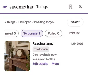 Things with To donate 1 chosen, Print list ringed beside it, and the Reading lamp marked To donate.